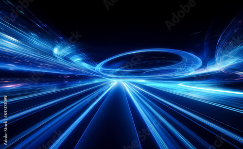Bright futuristic background, colorful long exposure blue lines, intersecting lines.