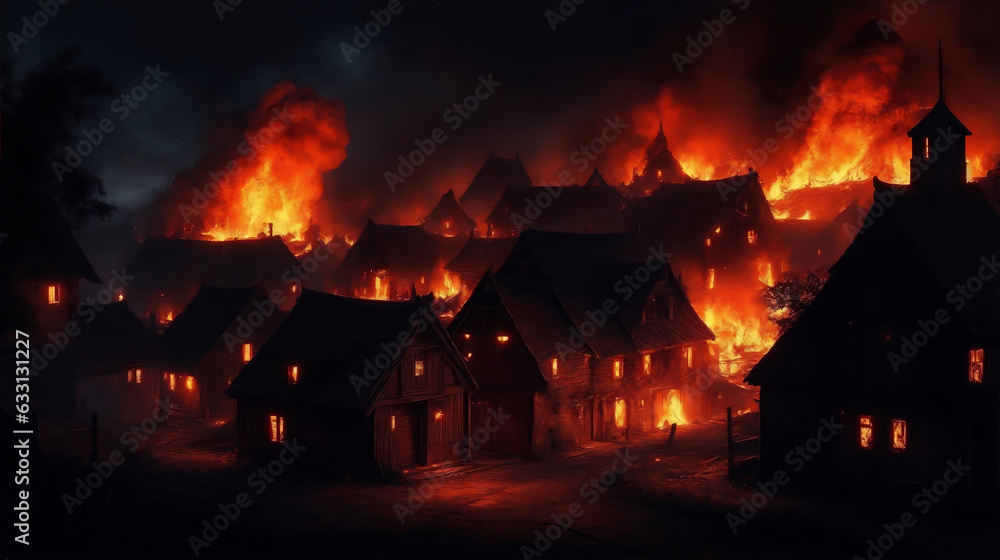 A Massive Fire Breaks Out in a Village. A village on fire. Generative AI. A Massive Fire Breaks Out in a Village. A village on fire. Generative AI.