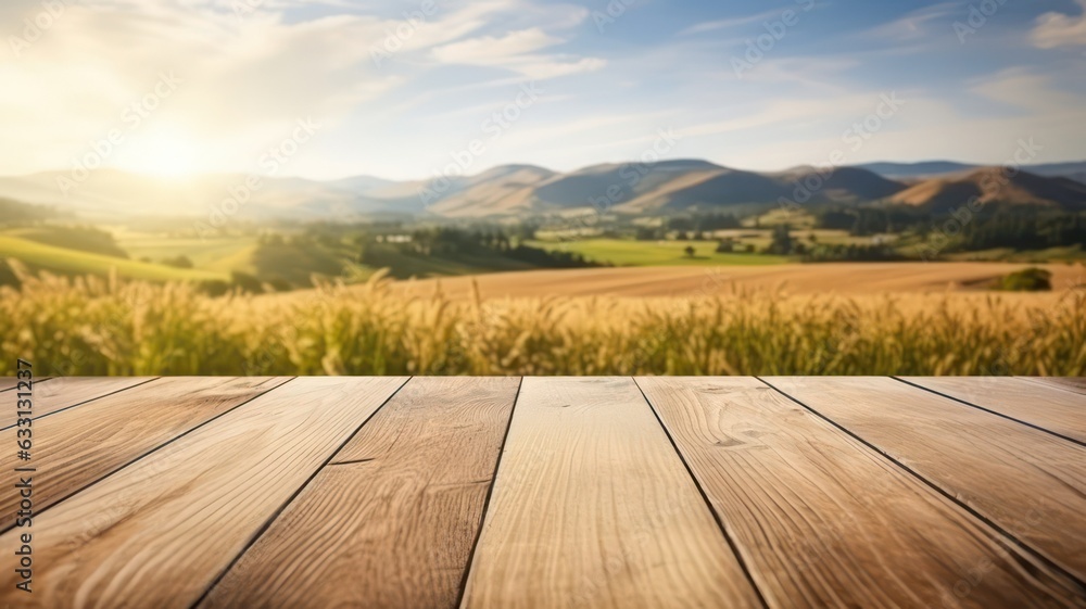 Fototapeta premium Wooden floor with blurred background of fields and hills created with Generative AI