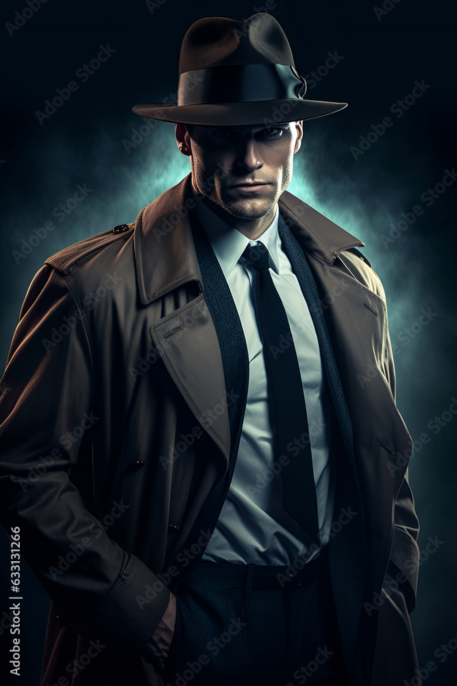 Portrait of a male character on a dark background. A male detective/agent character. Generative AI.
