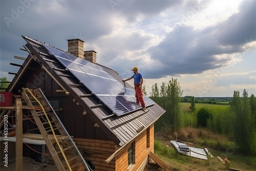 a worker installs solar panels on the roof of a house. alternative energy sources