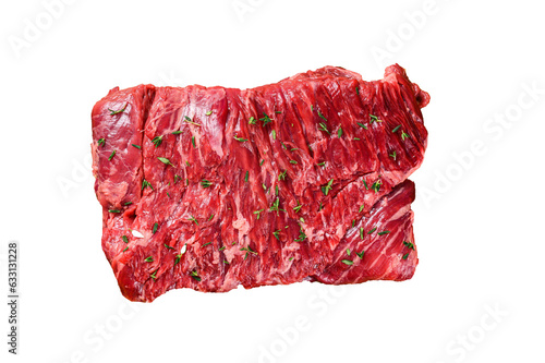 Raw beef round cut meat on a wooden tray with herbs. High quality Isolate, transparent 