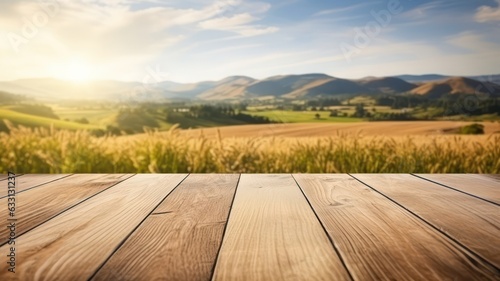 Wooden floor with blurred background of fields and hills created with Generative AI