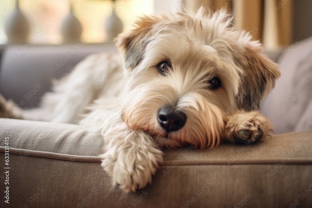 Adorable, fluffy wheaten terrier dog relaxing on the couch in its cozy home.