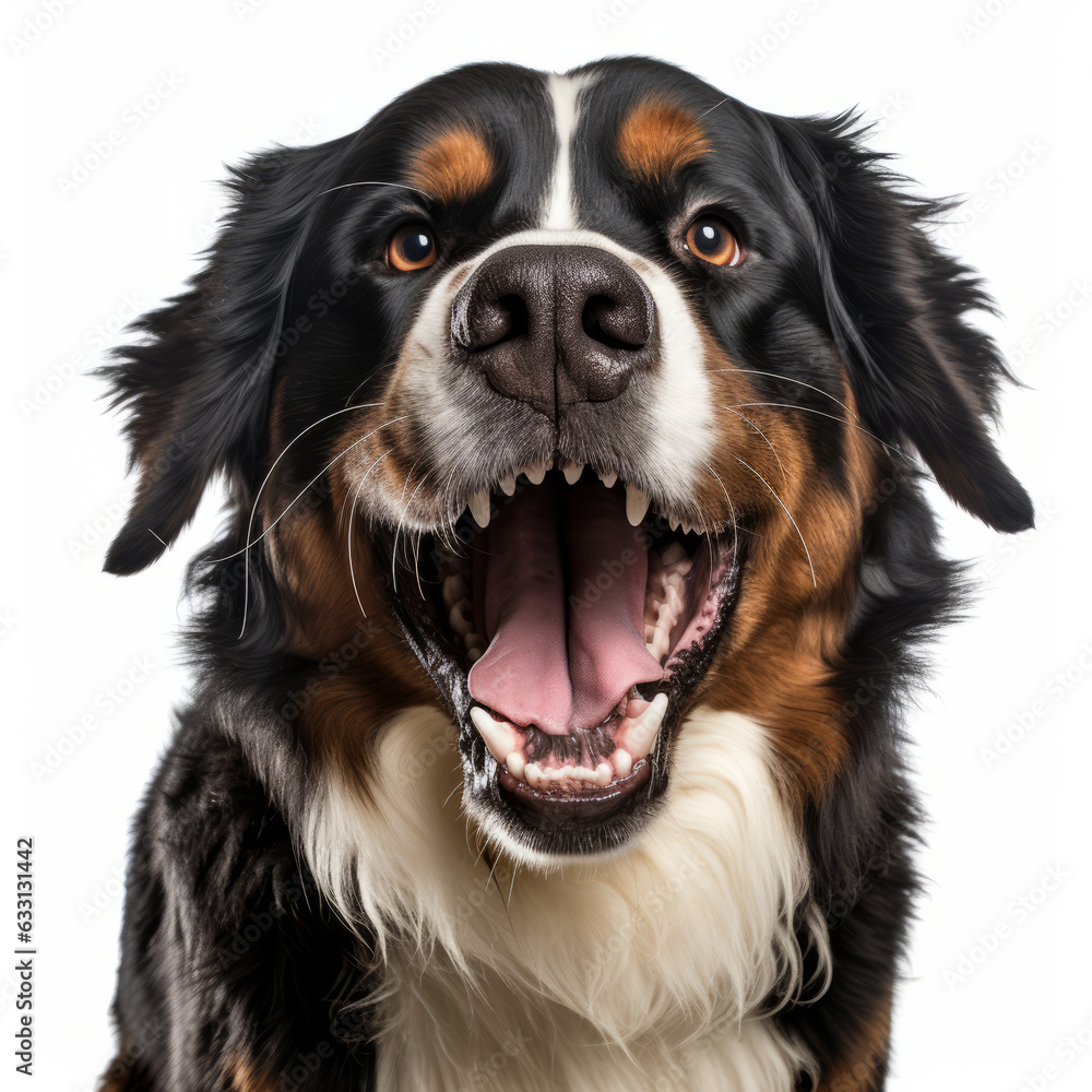 Isolated Bernese Mountain Dog with White Background: Angry and Growling