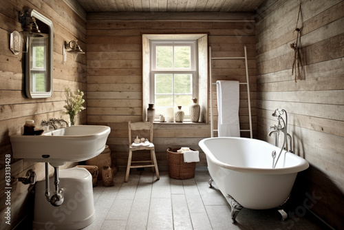 Obraz na plátne Rustic bathroom in a wooden house style