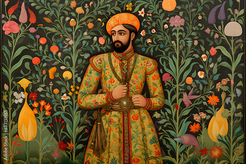Illustration of a Prince in the Mughal Era Style: Man in Traditional Indian Attire with Decorative Elements, Inspired by the Mughal Dynasty. Generative Ai. photo