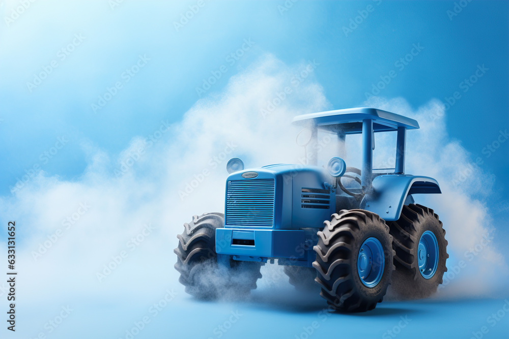 Obraz premium Blue background with toy tractor and copy space. It's a boy backdrop with empty space for text. Baby shower or birthday invitation, party. Baby boy birth announcement. Men's Day. Generative AI.