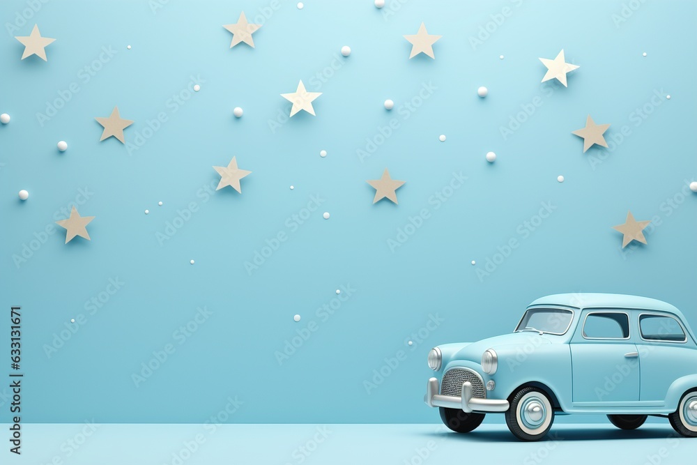 Blue background with toy car and copy space. It's a boy backdrop with empty space for text. Baby shower or birthday invitation, party. Baby boy birth announcement. Men's Day. Generative AI.