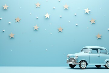 Blue background with toy car and copy space. It's a boy backdrop with empty space for text. Baby shower or birthday invitation, party. Baby boy birth announcement. Men's Day. Generative AI.