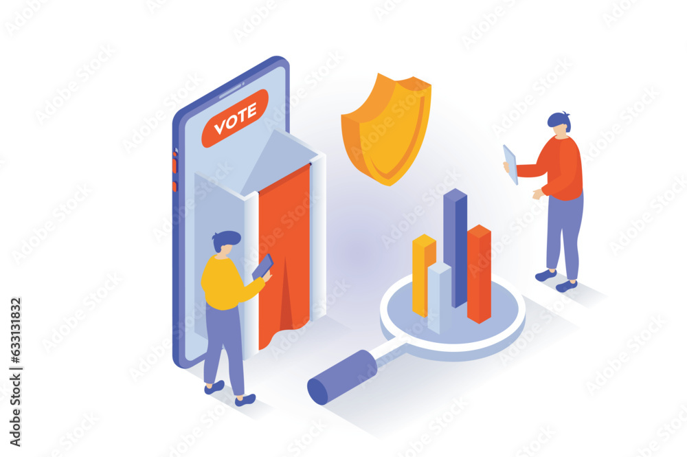 Election and voting concept in 3d isometric design. People vote in elections at safety polling stations with booths and calculating results. Vector illustration with isometry scene for web graphic