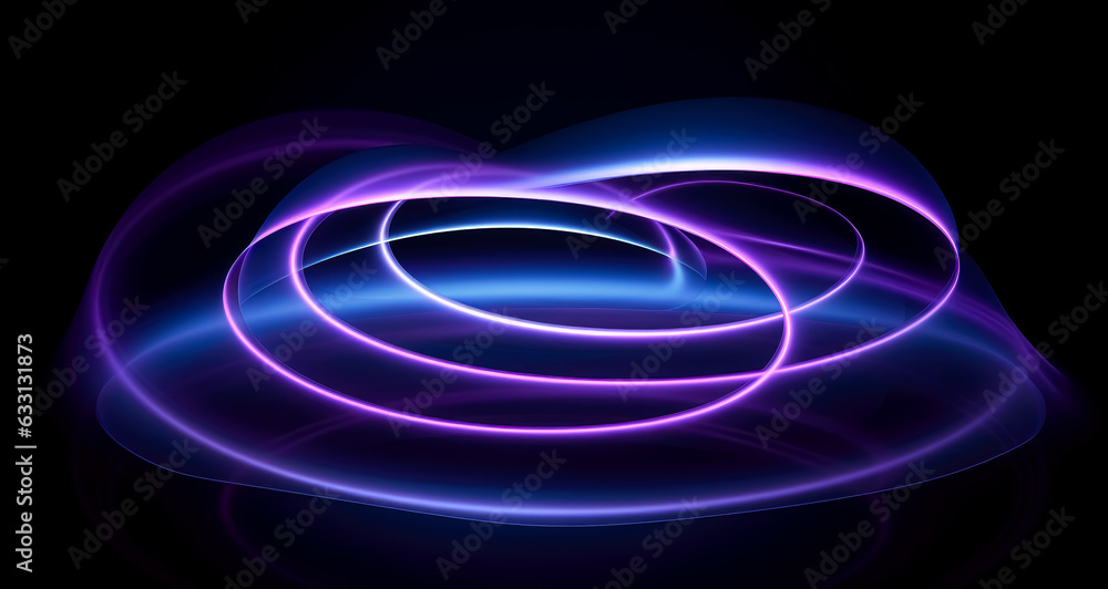Electromagnetic lights whirl with colors of blue, purple and orange on a black background, light purple and light pink, double lines, rounded, rim light, light black and purple, clear colors. Electromagnetic lights whirl with colors of blue, purple and orange on a black background, light purple and light pink, double lines, rounded, rim light, light black and purple, clear colors.