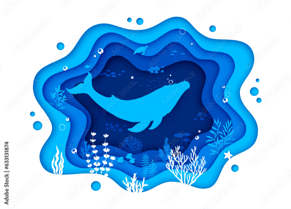 Sea paper cut banner with whale silhouette and underwater landscape ...