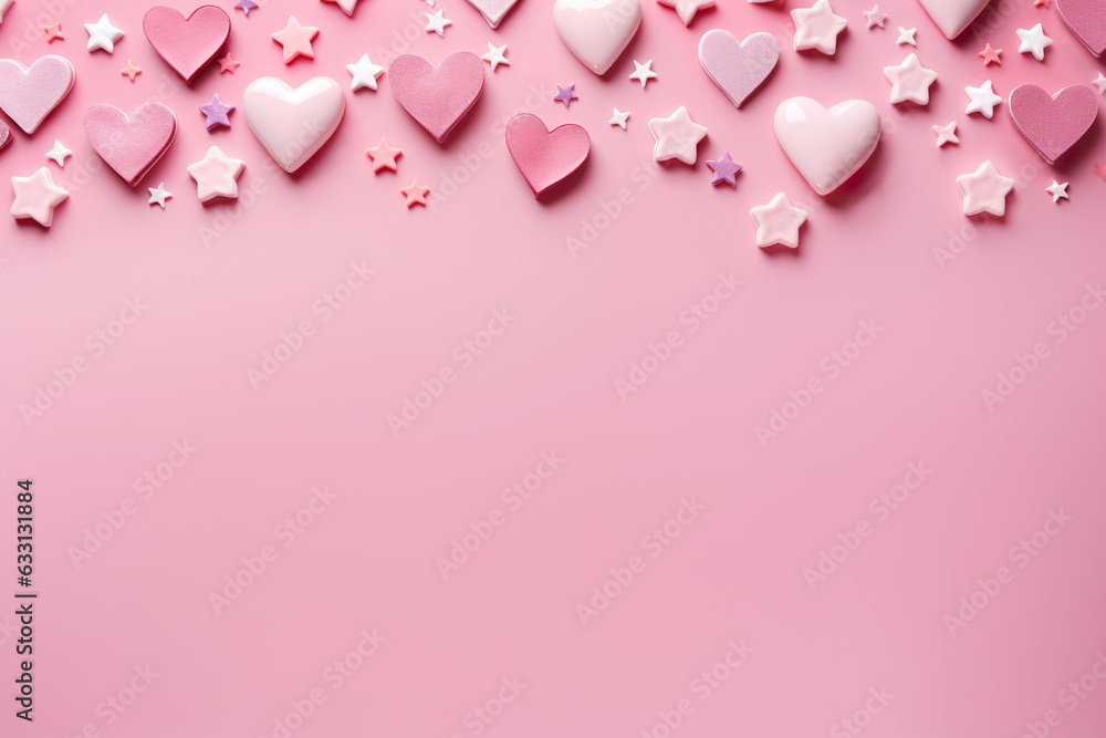 Pink background with hearts, stars and copy space. It's a girl backdrop with empty space for text. Baby shower or birthday invitation, party. Women's Day. Baby girl birth announcement. Generative AI.