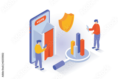Election and voting concept in 3d isometric design. People vote in elections at safety polling stations with booths and calculating results. Vector illustration with isometry scene for web graphic