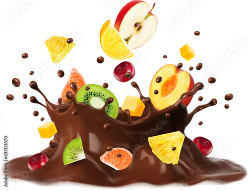 Chocolate milk drink corona splash with fruits. Isolated realistic 3d vector delicious choco flow with an assortment of colorful kiwi, grape, apple and mango. Apple, peach, lemon and cherry berry