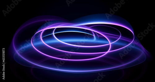 Electromagnetic lights whirl with colors of blue, purple and orange on a black background, light purple and light pink, double lines, rounded, rim light, light black and purple, clear colors.