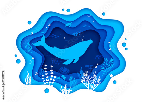 Sea paper cut banner with whale silhouette and underwater landscape. Ocean water waves vector background with whale, sea turtle and starfish marine animals, fish shoals, seaweeds and bubbles