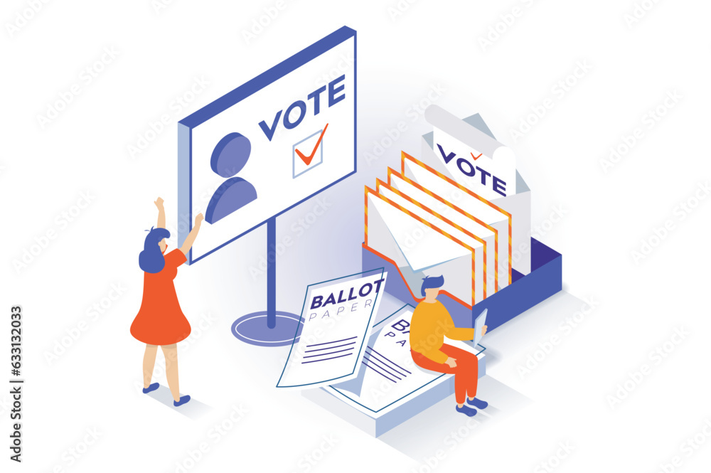 Election and voting concept in 3d isometric design. People hold democratic elections with campaigning voters and choosing political candidates. Vector illustration with isometry scene for web graphic Election and voting concept in 3d isometric design. People hold democratic elections with campaigning voters and choosing political candidates. Vector illustration with isometry scene for web graphic
