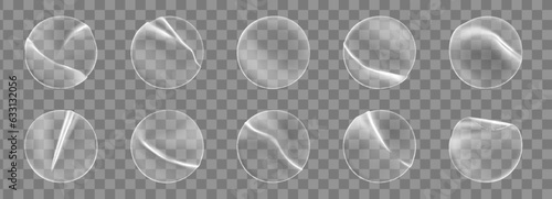 Round transparent plastic stickers and adhesive overlay patches, realistic vector sticky film labels. Adhesive patches round glue sticker foil patches with crumpled or wrinkled texture effect