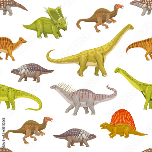 Cartoon dinosaur reptile animal characters seamless pattern, vector kids dino background. Cute jurassic dinosaur lizards and funny prehistoric extinct dino pattern of stegosaurus and brachiosaurus