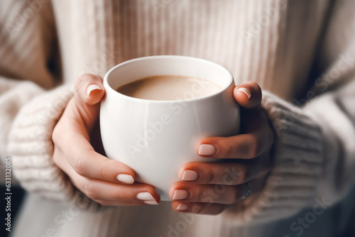 Closeup of female in a warm sweater holding in hands white mug of beverage. Generative AI.