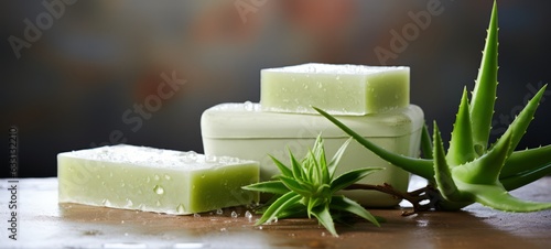 Soap Aloe Vera. Cosmetic natural soap with green Aloe Vera useful for health and skin. Copyspace. Photo texture. Horizontal poster. Ai generated photo