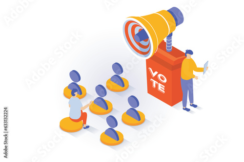 Election and voting concept in 3d isometric design. People meet with politicians, listen to speech and election campaign of political parties. Vector illustration with isometry scene for web graphic