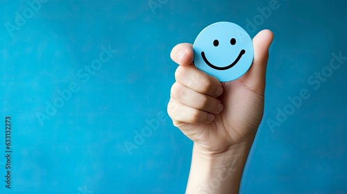 World Mental Health Day. Hand holding blue cut paper happy smiling face on blue background. Space for copy text. photo