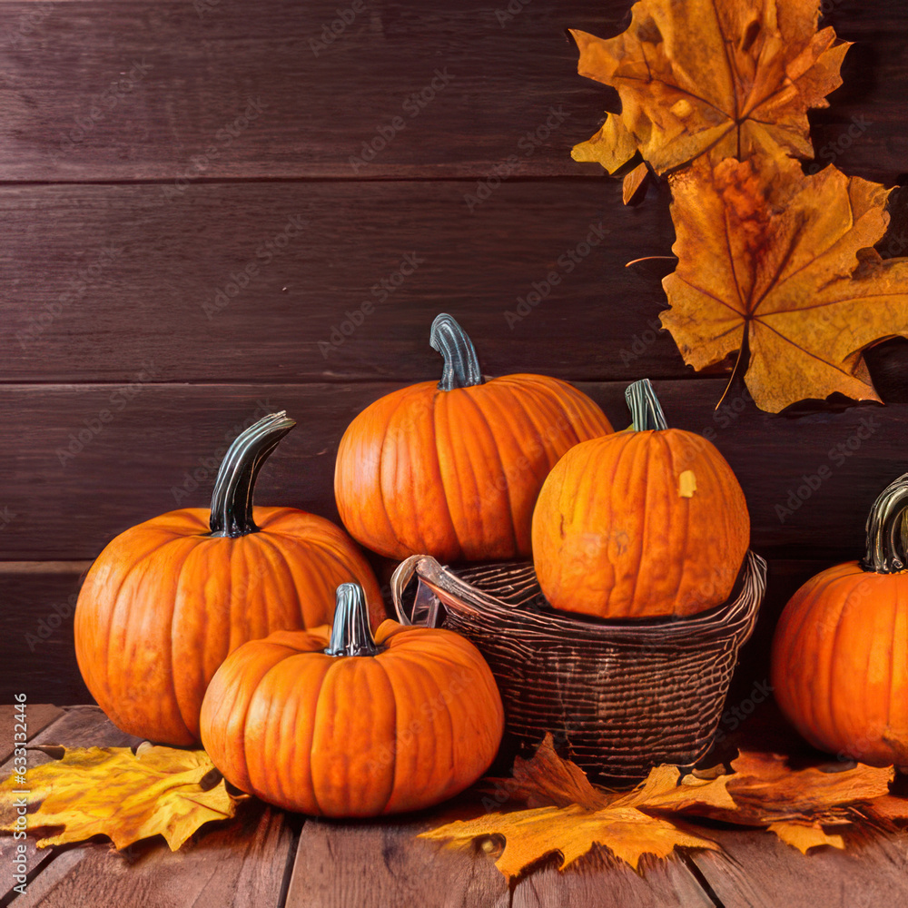 AI generative pumpkin and autumn leaves on wooden background AI generative pumpkin and autumn leaves on wooden background