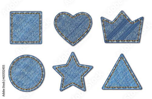 Denim texture shape, jeans patches of blue fabric with stitch, vector textile cloth labels. Denim jeans patches in square, heart, star or crown shape, round or triangle pocket frame with yellow thread photo