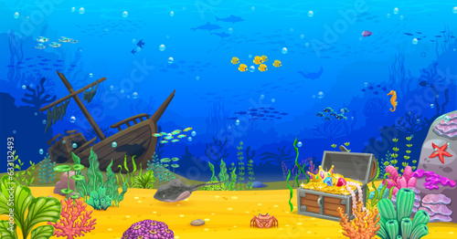 Sunken ship and pirate treasure chest, underwater sea landscape. Arcade game level vector background, tropical ocean coral reef bottom with blue water waves, fish shoal, dolphin, crab and stingray