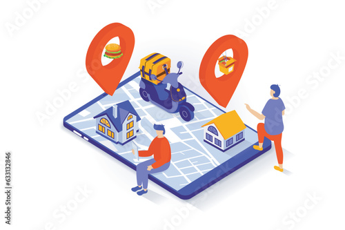 Food delivery concept in 3d isometric design. People ordering products bags and fast food meal, payung online and tracking courier shipping. Vector illustration with isometry scene for web graphic