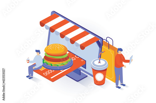Food delivery concept in 3d isometric design. People ordering burger and drink, paying online for purchases and shipping using credit card. Vector illustration with isometry scene for web graphic