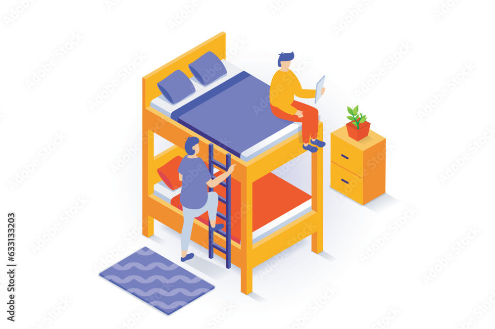 Home interior concept in 3d isometric design. People preparing to sleep in bedroom with bunk bed with ladder, blanket and pillows, nightstand. Vector illustration with isometry scene for web graphic Home interior concept in 3d isometric design. People preparing to sleep in bedroom with bunk bed with ladder, blanket and pillows, nightstand. Vector illustration with isometry scene for web graphic