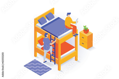 Home interior concept in 3d isometric design. People preparing to sleep in bedroom with bunk bed with ladder, blanket and pillows, nightstand. Vector illustration with isometry scene for web graphic