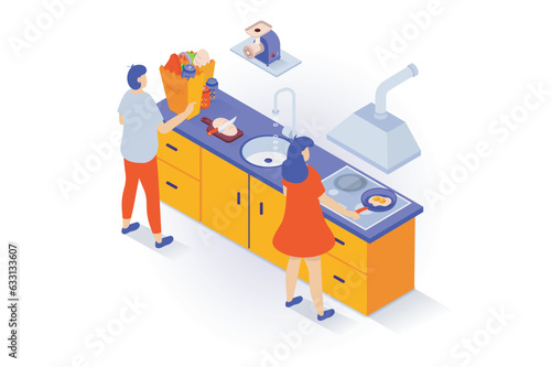 Home interior concept in 3d isometric design. People stand in kitchen room with tables, products bags on countertop, cooking at stove with hood. Vector illustration with isometry scene for web graphic