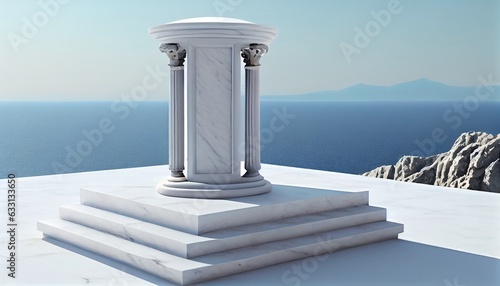 white blank marble table top view with blurred ocean sea island background with blue sky. Generative in ai
