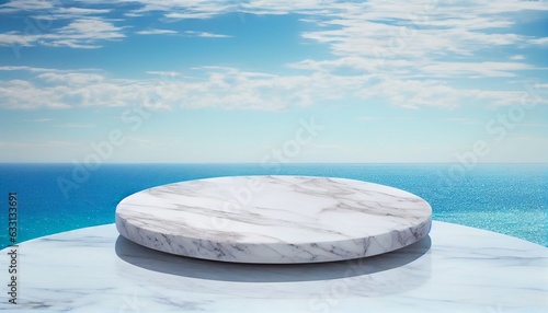 white blank marble table top view with blurred ocean sea island background with blue sky. Generative in ai