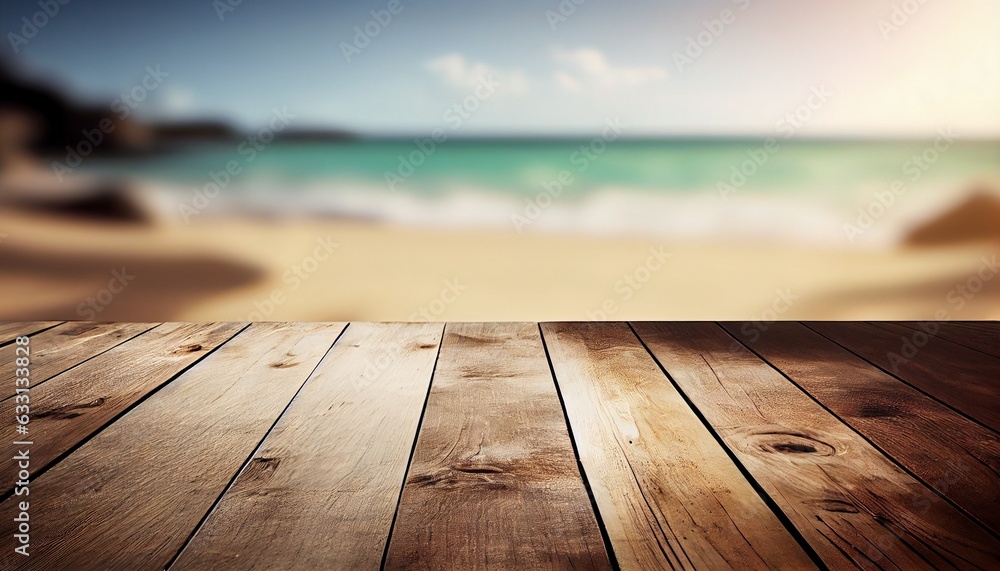 the wooden table on the beach with a blurred background. generative in ai the wooden table on the beach with a blurred background. generative in ai