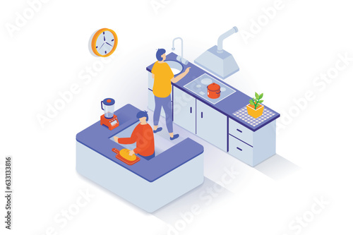 Home interior concept in 3d isometric design. People cook in kitchen room with tables, sink, stove and hood, blender and other appliances. Vector illustration with isometry scene for web graphic
