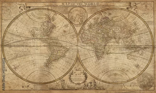 Obraz Old geographical map of the world of the 18 century. Collage. A good background for design on the theme of travel, geography, history, voyage, etc. Ancient map background.