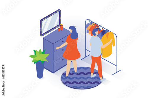 Home interior concept in 3d isometric design. People stand in wardrobe room with dresser and mirror, clothes on hangers, pot plant and carpet. Vector illustration with isometry scene for web graphic