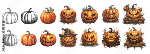 Halloween Pumpkins. Large set of vector isolated holiday pumpkins in different drawn styles. Pencil sketch, watercolor, 3d vectorized illustrations. 
