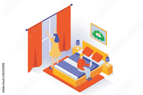 Home interior concept in 3d isometric design. People in bedroom with double bed, pillows and blanket, nightstands with lamps, window curtains. Vector illustration with isometry scene for web graphic