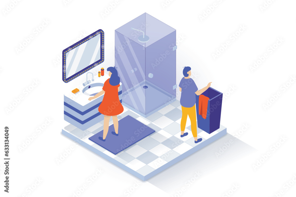 Home interior concept in 3d isometric design. People stand in bathroom with shower cabin, washbasin and mirror, laundry basket, tile flooring. Vector illustration with isometry scene for web graphic Home interior concept in 3d isometric design. People stand in bathroom with shower cabin, washbasin and mirror, laundry basket, tile flooring. Vector illustration with isometry scene for web graphic
