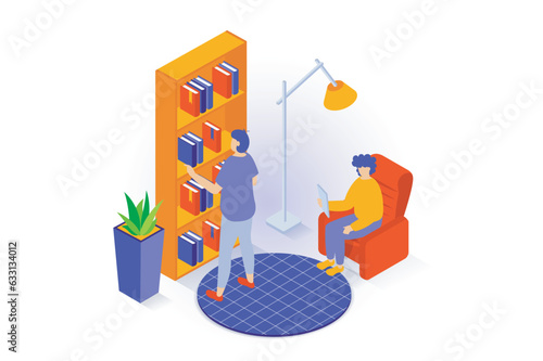 Home interior concept in 3d isometric design. People pastime in living room with library place with bookshelf, armchair, floor lamp and plant. Vector illustration with isometry scene for web graphic