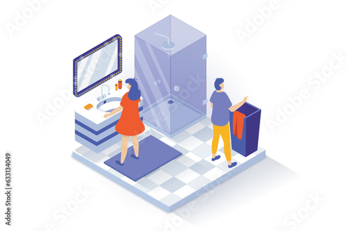 Home interior concept in 3d isometric design. People stand in bathroom with shower cabin, washbasin and mirror, laundry basket, tile flooring. Vector illustration with isometry scene for web graphic © alexdndz