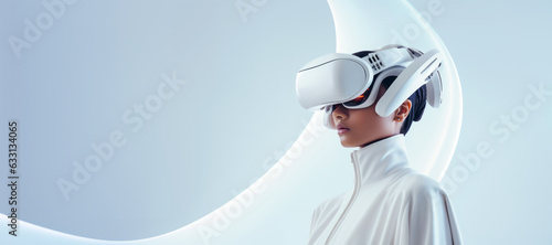 Virtual technology woman portrait with empty copy space banner background. Futuristic headset headgear tech gadget