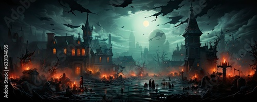 Halloween night with a spooky house and bats, halloween background. © Juan